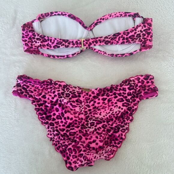 Luli Fama Bikini Pink Leopard Bandeau Push Up Top Ruched Brazilian Bottom - Picture 4 of 10